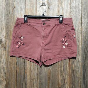 Express Size 12 Shorts Pink Mauve Embroidered Floral Mid Rise Pockets Stretch